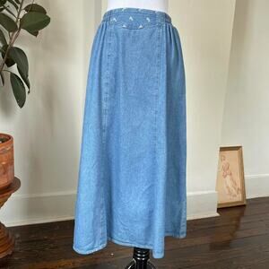 Vintage Denim Elastic Waist Embroidered Flower Midi Skirt